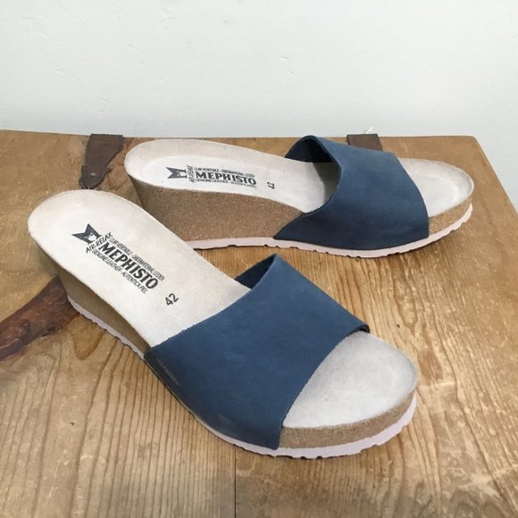 Mephisto 42 Women Blue Nubuck Leather Mule Sandal Wedge 2.5" Heel Size 10 - Picture 1 of 12